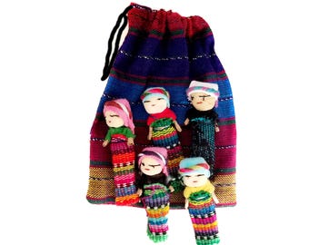 Set of 5 Handmade Worry Dolls, Guatemalan Pouch, Anxiety Relief Gift