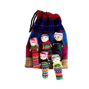 Set von 5 Sorgenpuppen in einer Tasche Handgemacht in Guatemala Ärgerpuppen für Angstlinderung, Stressgeschenk, mexikanische Volkskunst, Mini-Puppenbeutel (Bulk)