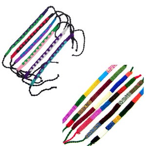 May include: A collection of handmade woven friendship bracelets featuring two distinct styles. One group consists of braided bands with zigzag patterns in purple, green, red, pink, and blue. The other group features flat, multi-coloured striped bands.