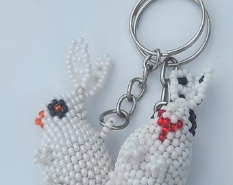Handmade Beaded  White Rabbit Keychain: Czech Glass Boho Bag Charm