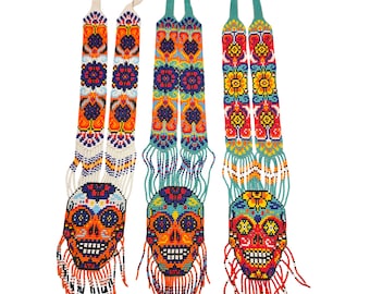 Beaded Sugar Skull Pendant Necklace, Mexican Folk Art Statement Jewelry, Day of the Dead