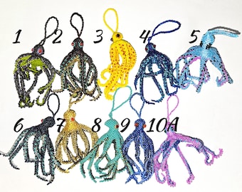 Handmade Beaded Octopous Bag Charm Czech Glass Rearview Mirror Hanging Ornament