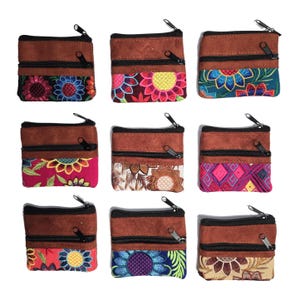 Monedero de cuero hecho a mano, con cremallera frontal y superior, pequeño monedero multicolor, bolso estilo hippie bordado artesanalmente con parte delantera y trasera de cuero.