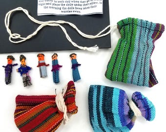 Guatemalan Worry Dolls Set: Handwoven Cotton Pouches, Mini Charms