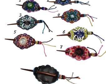 Barrette Hair Clip, Wooden Slider Stick, Czech Glass Seed Bead Mandala Festival Statement Piece
