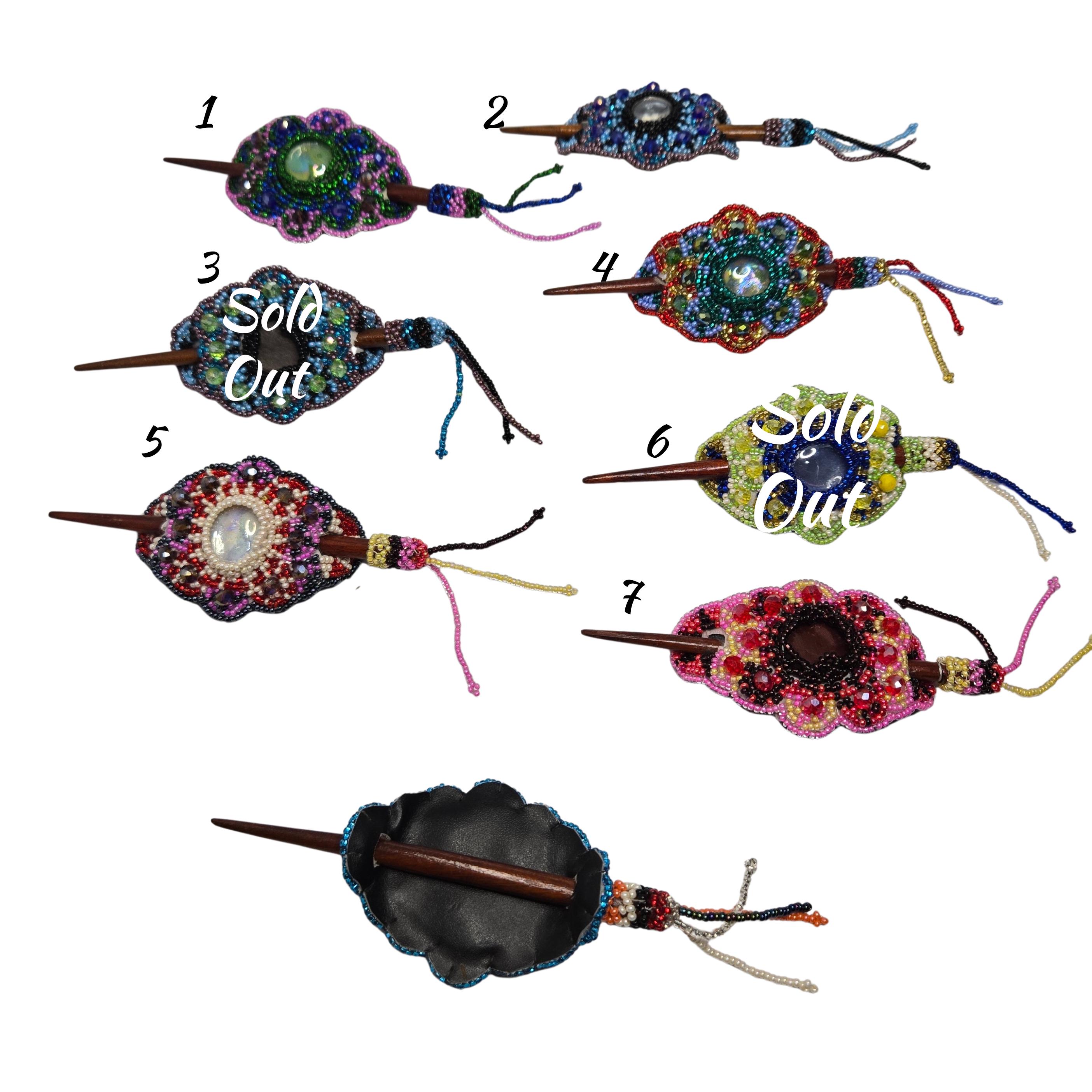 Barrette Hair Clip, Wooden Slider Stick, Czech Glass Seed Bead Mandala Festival Statement Piece