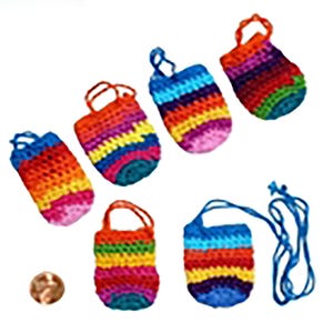 May include: A collection of small, handmade crochet bags in various colors, including red, orange, yellow, green, blue, and purple. Each bag has a loop handle and a rounded bottom. One bag has a blue cord attached. A penny is also visible.