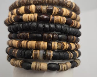 Bulk Beaded Bracelet Set of Ten Boho Stretchy Coconut Wood Jewelry, Wholesale Lot