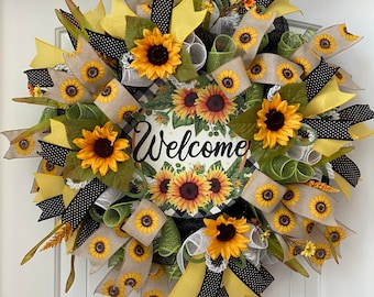 Handmade Sunflower Wreath- Everyday Wreath- Front Door Wreaths- Deco Mesh Wreaths