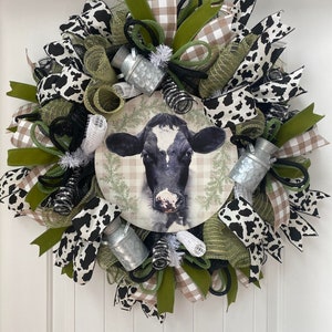 Black & White Cow Print Ribbon Wreath, Cow Wreath, Spring Wreath