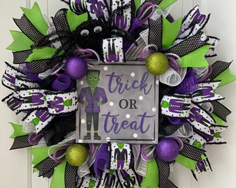 Handmade "Trick or Treat" Frankenstein Halloween Wreath, Front Door Wreath, Fall Wreath,Halloween Party, Home Decoration