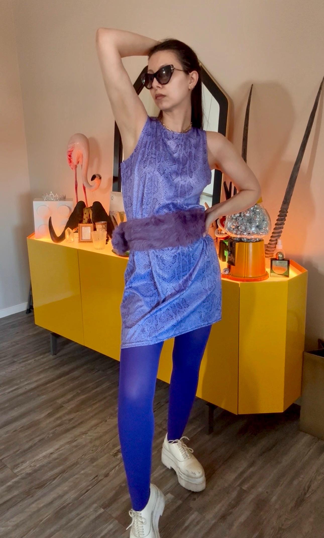 blue dress with purple shoes Oxfords