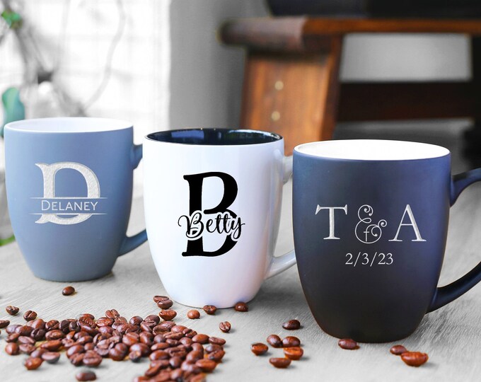 Personalized Coffee Mug 16oz | Engraved with Custom Text, Monogram Name or Wedding Message | Tea or Coffee Mug with Your Message (One Mug)