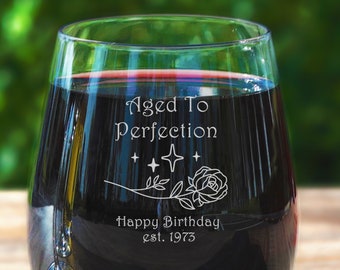 Birthday Wine Glass for Women - Vintage Aged to Perfection Wine Glasses - 60th, 50th, 40th or 30th Birthday Gift for Friend, Mom, Sister