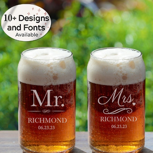 Bride and Groom Beer Can or Iced Coffee Glasses Set of 2 - Personalized Mr and Mrs Beer Glasses for Wedding Gift or Engagement Gift