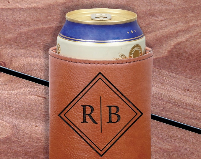 Personalized Can Holder - Engraved, Leather Beer Can Cooler - Simple Initial Monogram Gift for Dad, Groomsmen, Best Man, Guys and Wedding