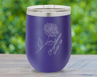 Custom Engraved Birth Month Flower Wine Tumbler, Personalized Birth Flower Tumbler, Gift for Mom, Best Friend, or Bridesmaids