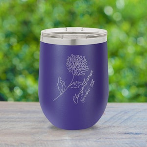 Custom Engraved Birth Month Flower Wine Tumbler, Personalized Birth Flower Tumbler, Gift for Mom, Best Friend, or Bridesmaids