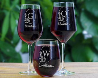 Personalized Wine Glass - Engraved Monogram, Custom Name or Initials Wine Glasses | Perfect for Wedding, Anniversary, Housewarming Gift