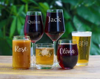 Custom Name Glasses - Multiple Designs & Glass Types - Engraved Personalized Text Gifts - Stemless Wine Glass, Beer, Whiskey, Beer Glasses