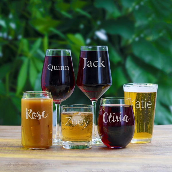 Custom Name Glasses - Multiple Designs & Glass Types - Engraved Personalized Text Gifts - Stemless Wine Glass, Beer, Whiskey, Beer Glasses