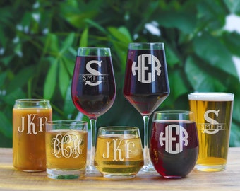 Monogram Glasses - Multiple Designs & Glass Types -  Stemless Wine Glass, Pint, Shot and Beer Glasses - Engraved Initials Personalized Gifts