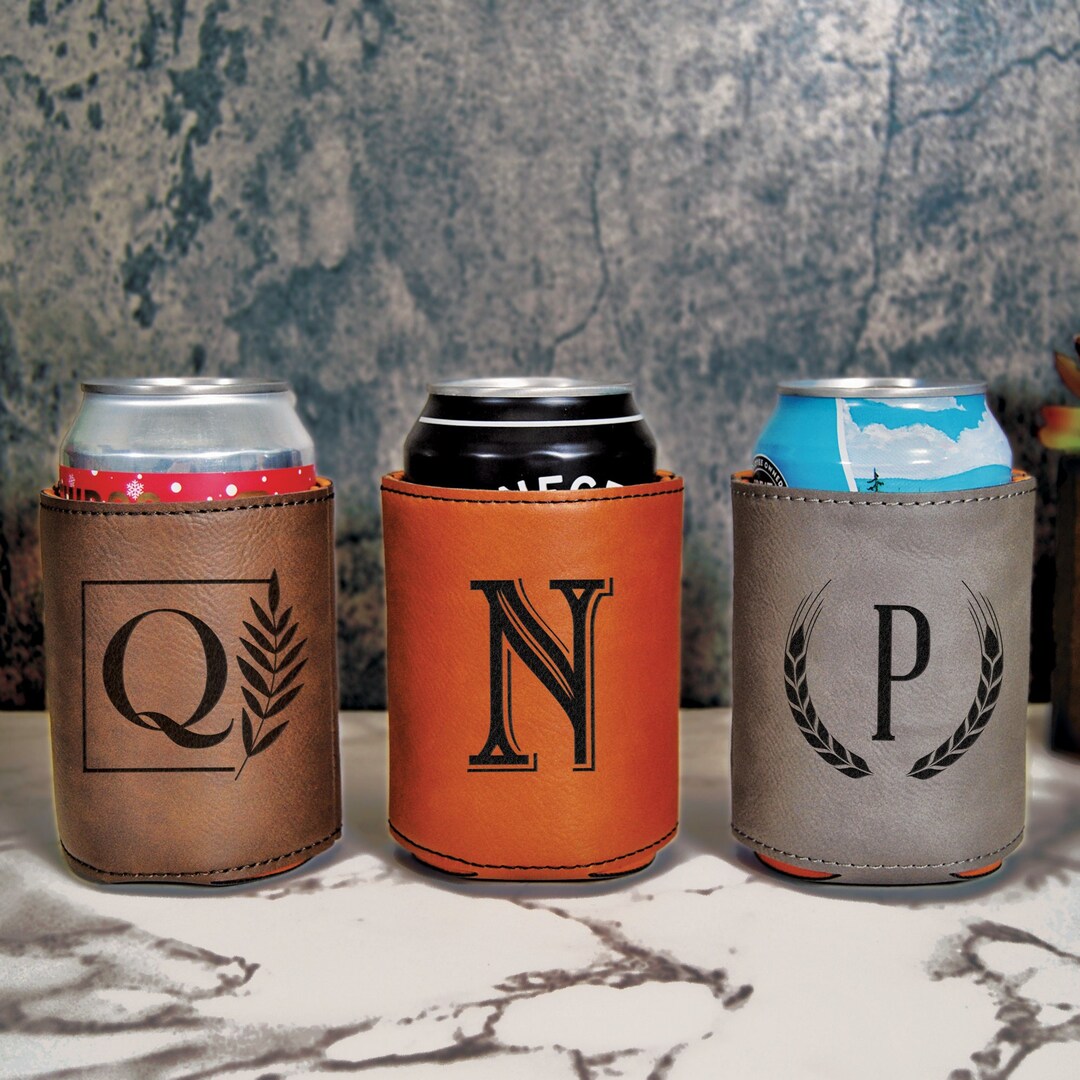 Personalized Can Holder Engraved, Leather Beer Can Cooler Monogram Gift