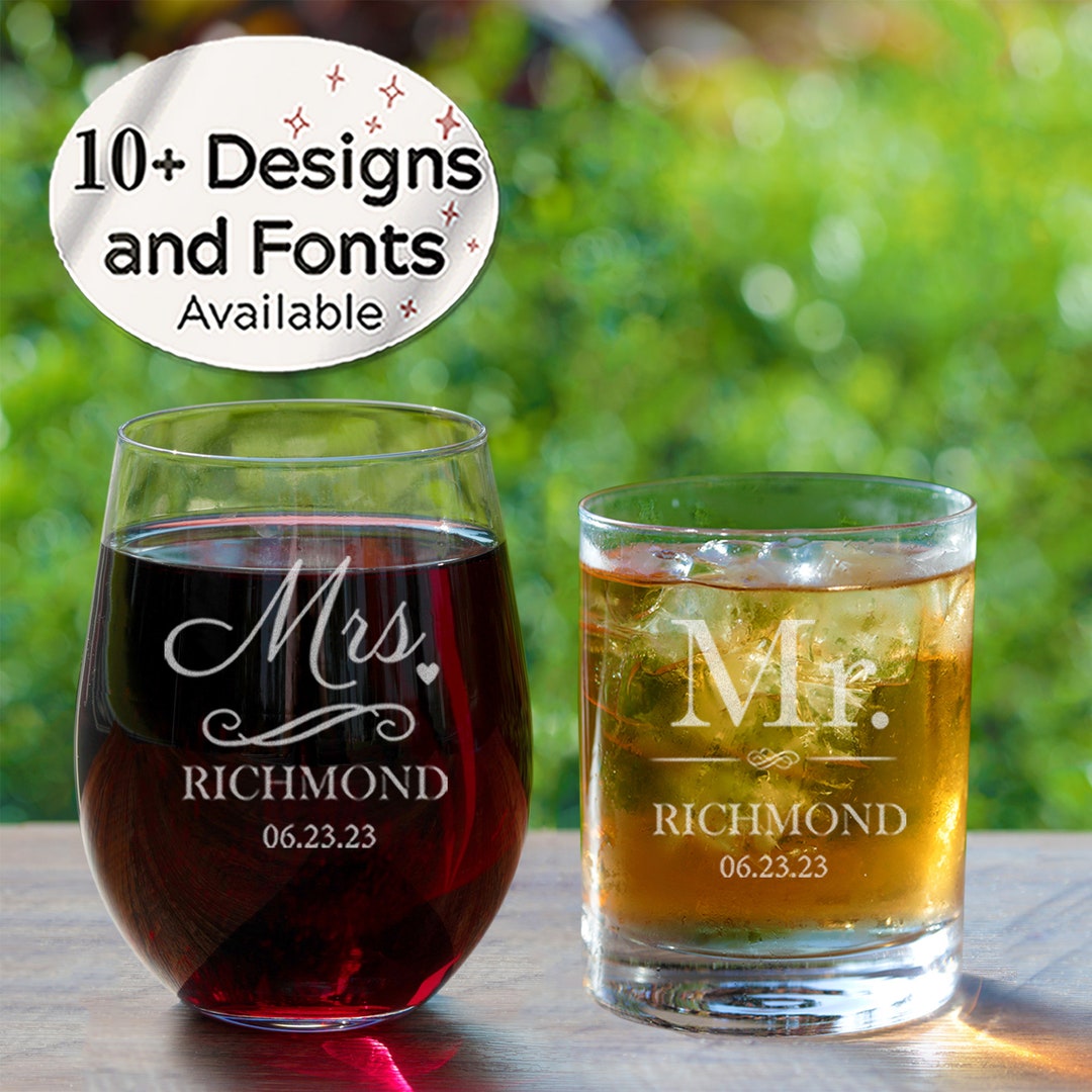 Bride and Groom Glasses Set of 2 whiskey Glass and Wine Glass Mr and