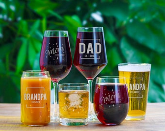 Baby Reveal Wine Glass or Beer Glass - Pregnancy Announcement Glassware | Pregnancy Reveal Dad, Grandpa or Grandma Gift or Baby Shower Gift