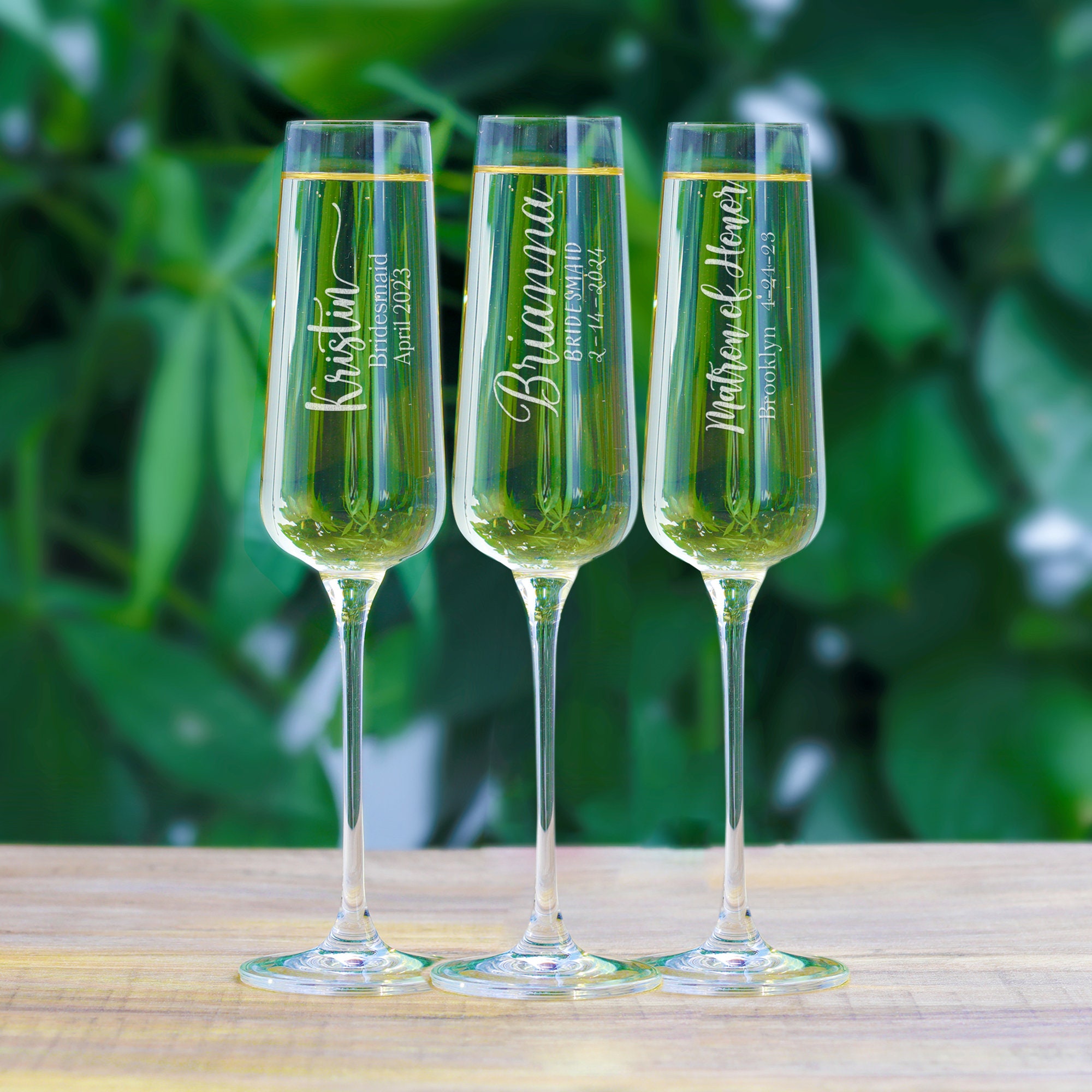 Set of 3 - Custom Bridal Party Stemless Champagne Flutes – Happily