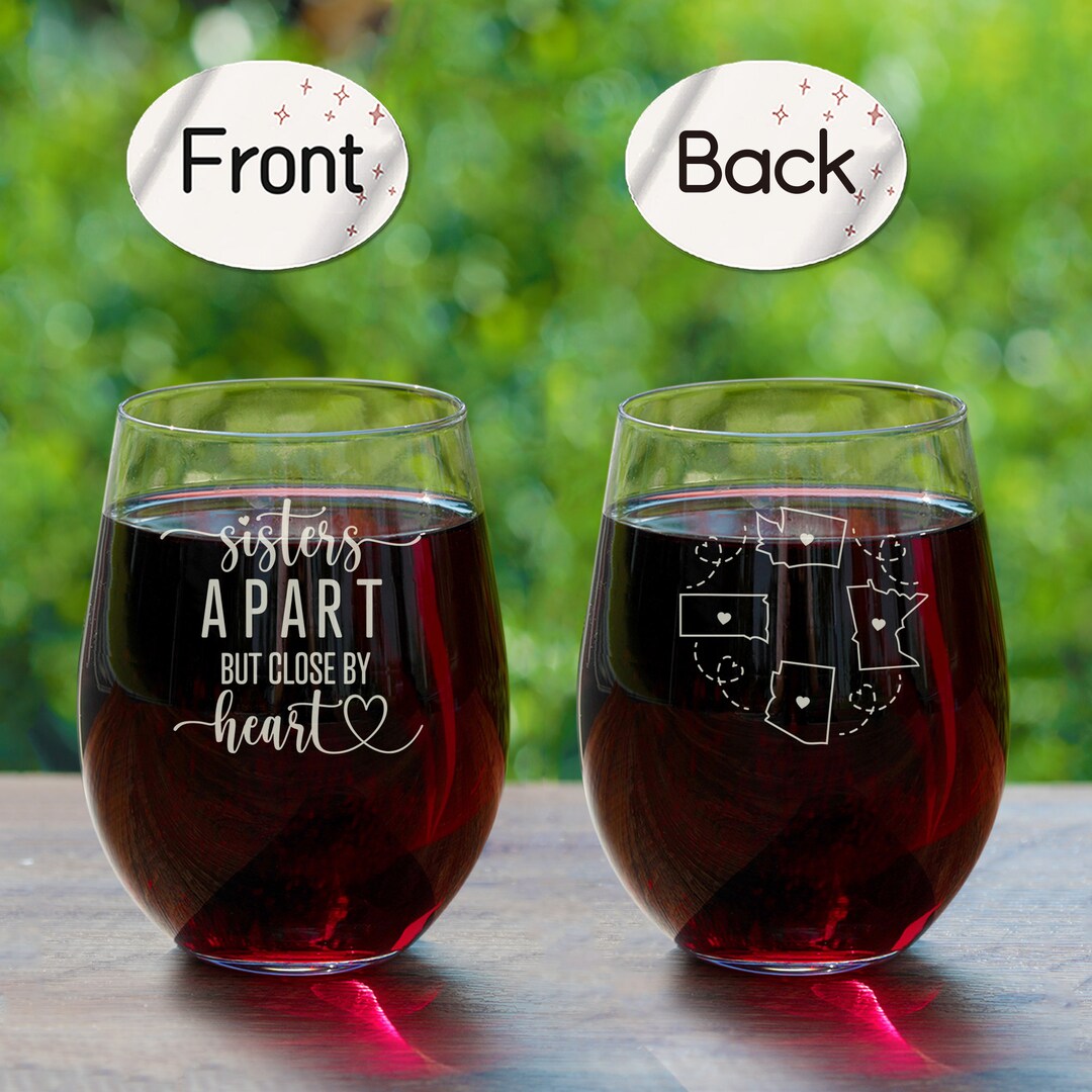 Personalized Sisters Wine Glass Gift Double Sided With States, Birthday