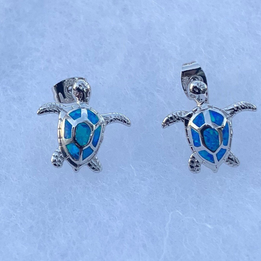 Blue Opal Sea Turtle Earrings Birthstone Jewelry Birthday Stud | Etsy