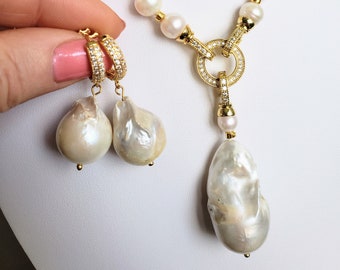 Pearl Set Necklace Baroque Pearl Pendant Gold Rhodium Plated Pearl Necklace