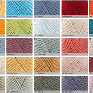 May include: A color chart of yarn samples, showing 18 different colors, including vanilla yellow, turquoise, denim, bordeaux, dark orange, light orange, apple green, ice blue, light beige, petrol, light denim, clove, sage green, clay, silver orchid, pearl, sunflower, mustard, pink sand, pomegranate, pistachio, light sea green, moss green, storm blue, and sweet orchid.