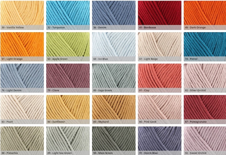May include: A color chart of yarn samples, showing 18 different colors, including vanilla yellow, turquoise, denim, bordeaux, dark orange, light orange, apple green, ice blue, light beige, petrol, light denim, clove, sage green, clay, silver orchid, pearl, sunflower, mustard, pink sand, pomegranate, pistachio, light sea green, moss green, storm blue, and sweet orchid.