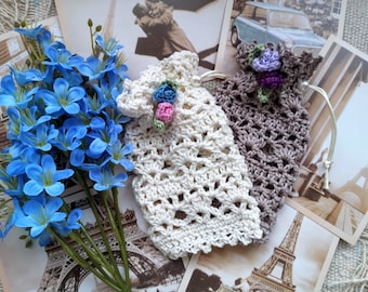 Crochet Cotton Gift Bag with Roses, Drawstring Pouch