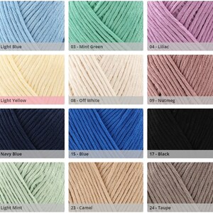May include: Swatch card showing 20 different colors of yarn. The colors include lavender, light blue, mint green, lilac, powder pink, desert rose, light yellow, off white, nutmeg, light peach, red, navy blue, blue, black, white, light grey, light mint, camel, taupe, and pink panther.
