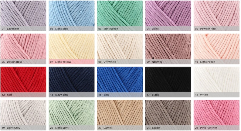 May include: Swatch card showing 20 different colors of yarn. The colors include lavender, light blue, mint green, lilac, powder pink, desert rose, light yellow, off white, nutmeg, light peach, red, navy blue, blue, black, white, light grey, light mint, camel, taupe, and pink panther.