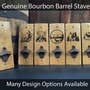 Genuine Bourbon Barrel Custom Bottle Opener Made from Reclaimed Oak Whiskey Barrel Staves with Custom Engraving Father's Day Graduation