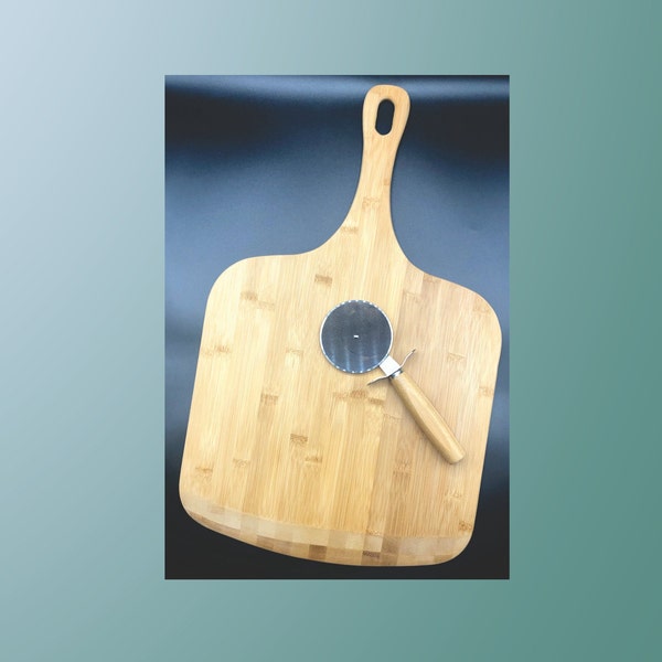 LARGE Custom Engraved Bamboo Pizza Paddle Cutting Board & Pizza Cutter Set Charcuterie