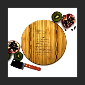 Handwritten Recipe Cutting Board- Bamboo- Round/ Circle- Wood Cutting Board- Your Family Recipe Engraved
