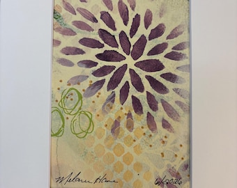 First Blossom | Original Abstract Botanical Mixed Media Painting | Original Green & Plum Floral Artwork | 5 x 7 Contemporary Nature Art