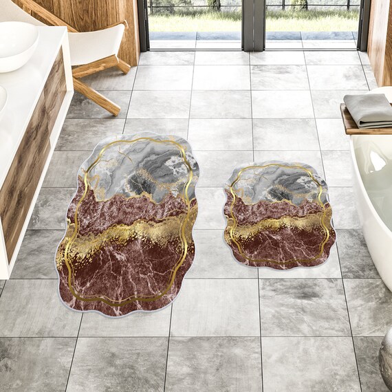 Toilet Rug Bath Carpet Set Red Gold Marble Pattern NonSlip Etsy