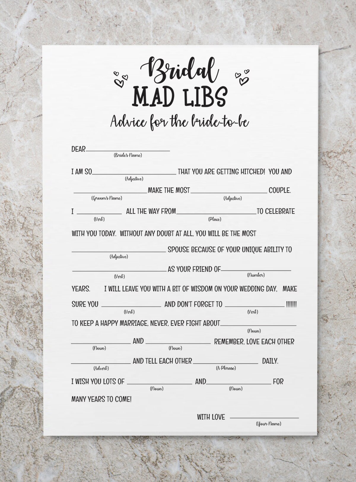 Mad Libs Wedding, Bridal Mad Libs, Bridal Shower, Bridal Shower Games ...