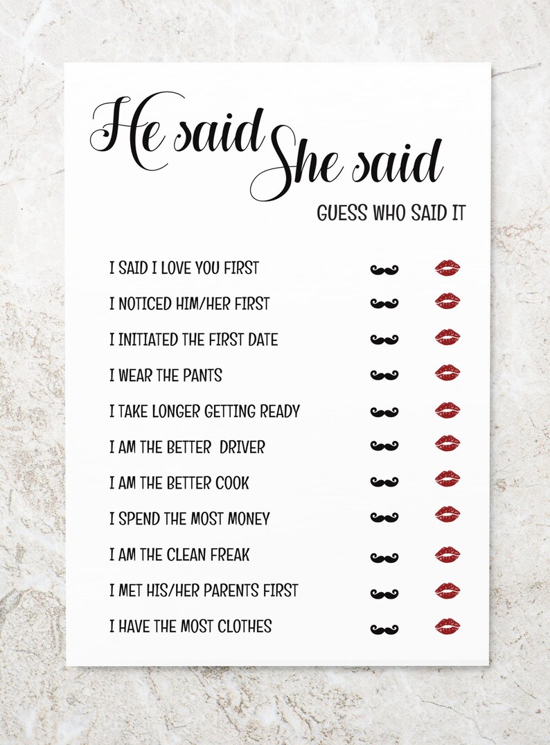 He Said She Said Bridal Shower Game, Who Said the Phrase Game, Bridal