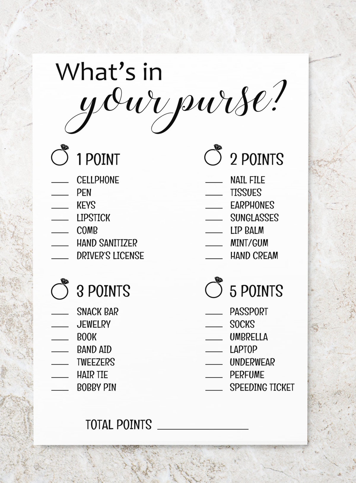 What's in Your Purse Game, Bridal Shower Game, Printable Rustic Games ...