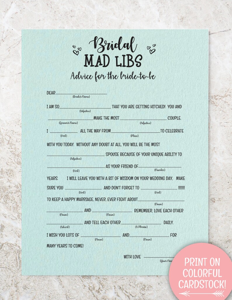 Mad Libs Wedding, Bridal Mad Libs, Bridal Shower, Bridal Shower Games ...