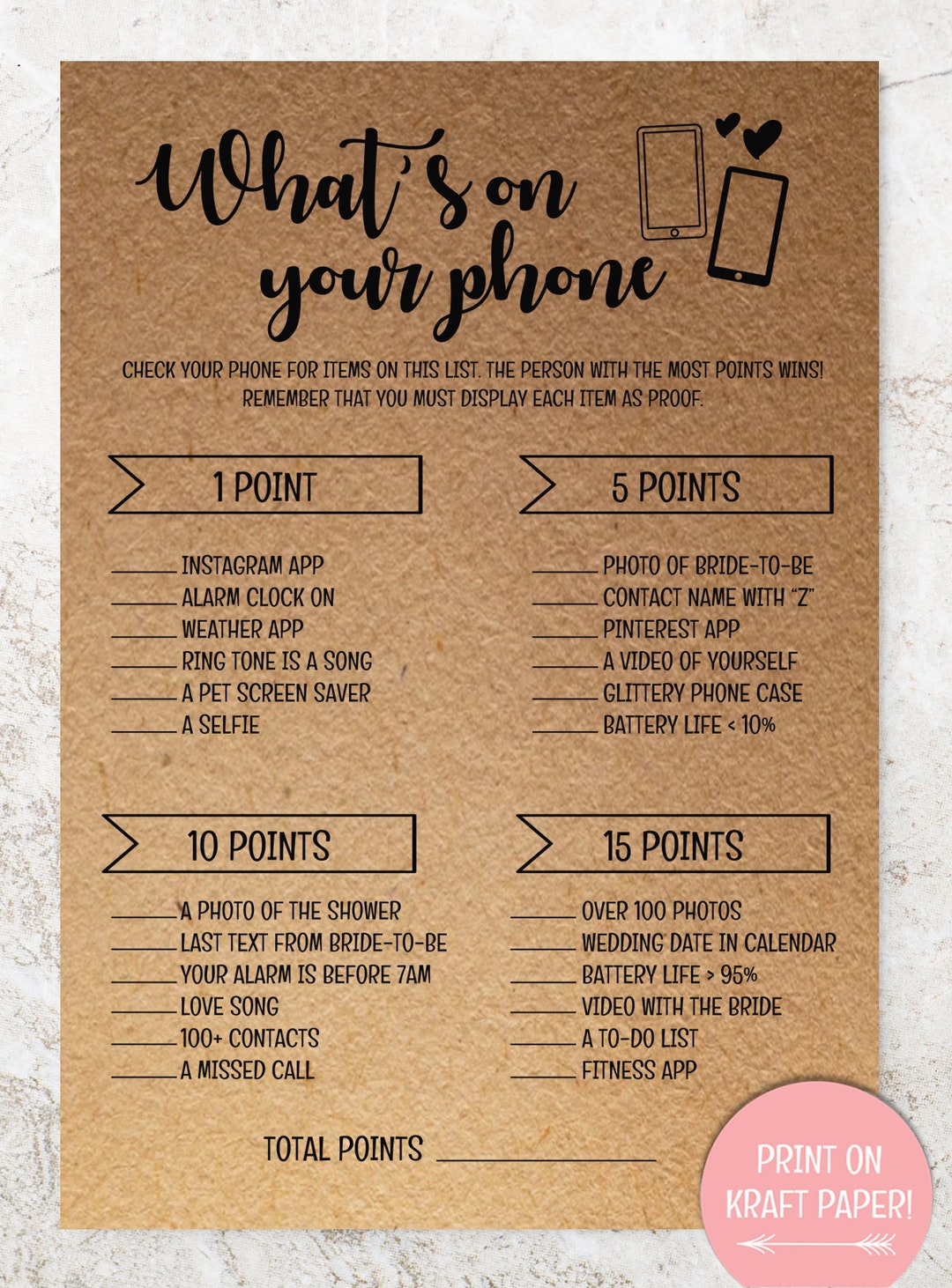 What's on Your Phone Game, Bridal Shower Game, Whats on Your Phone Game, Print Rustic Games