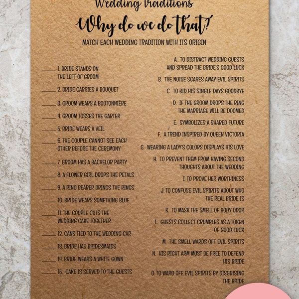 Wedding Traditions Guessing Game Printable, Why Do We Do That, Bridal Shower Trivia Games, Download, Rustic, Bridal, PRINTABLE BRIDAL GAME