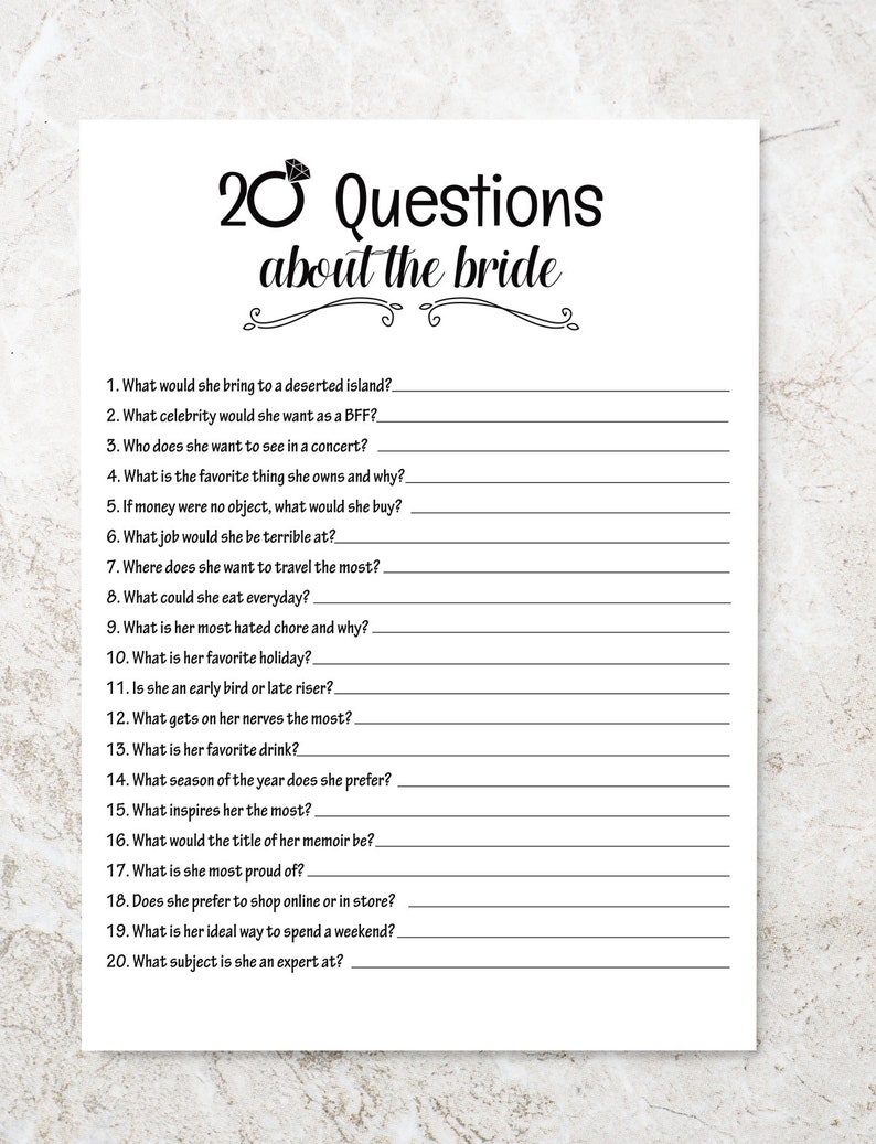 20 Questions About the Bride Bridal Shower Game, Bridal Shower Games ...